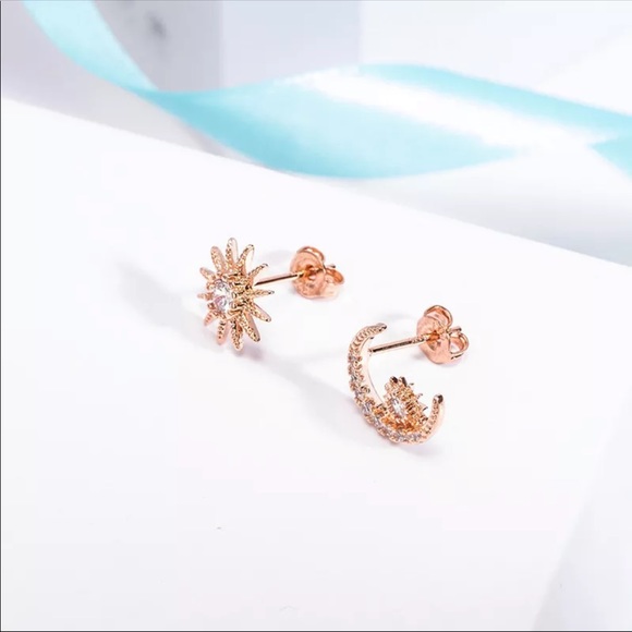 Gold Plated Star Moon Earrings - Picture 2 of 5